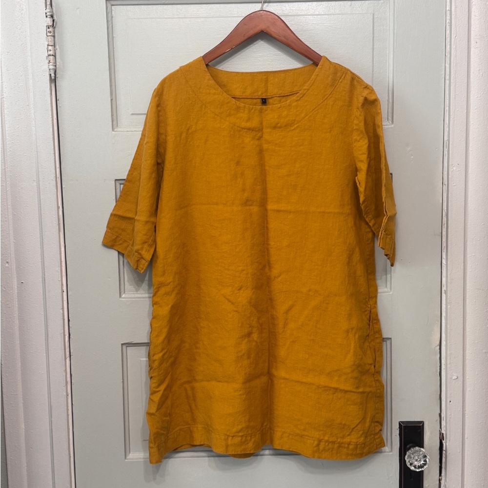 Boutique 100% Linen Mustard Shift Dress with Pockets